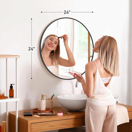 Black Round Wall Mirror 24 Inch Shatterproof Glass Bathroom