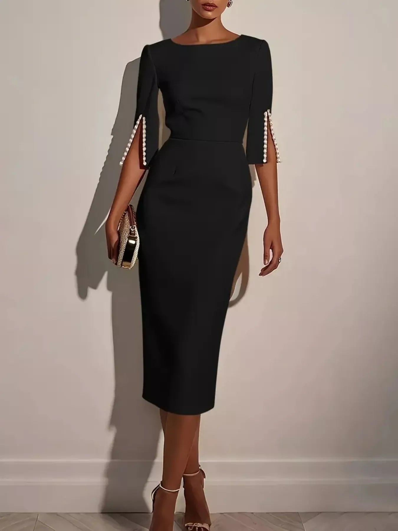 Slim-Fit Elegant Midi Dress with Beaded Slit Sleeve