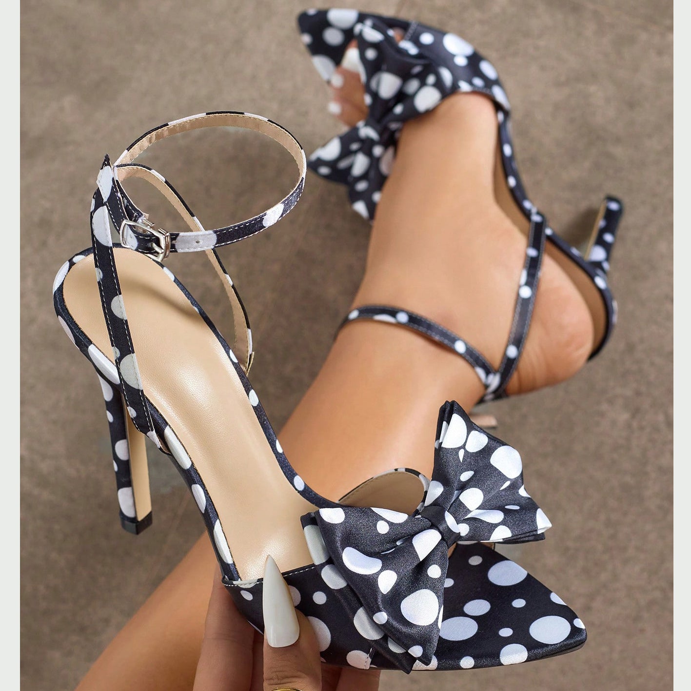 Elegant Silk Polka-Dot Pointed-Toe High Heels with Bow Detail | Women's Extra-High Heel Pumps